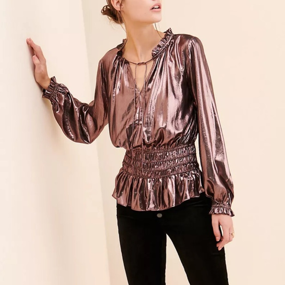 Current Air Metallic Smocked Waist‎ Babydoll Peplum Festival Blouse Top Small
